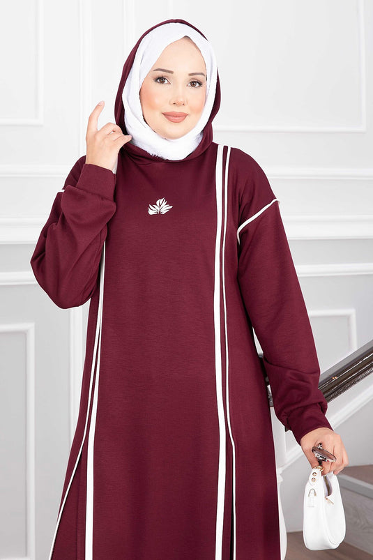 Ensemble Tunique Et Pantalon À Capuche Bordeaux Avec Fente
