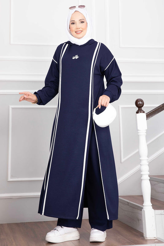Ensemble Tunique Et Pantalon À Capuche Bleu Marine Avec Fente