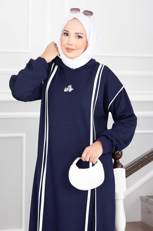 Ensemble Tunique Et Pantalon À Capuche Bleu Marine Avec Fente