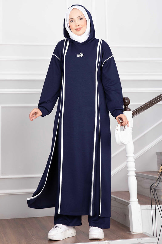 Ensemble Tunique Et Pantalon À Capuche Bleu Marine Avec Fente