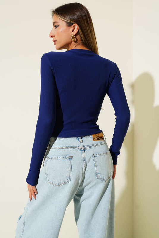 Slit Corset Long Sleeve Blouse Navy Blue