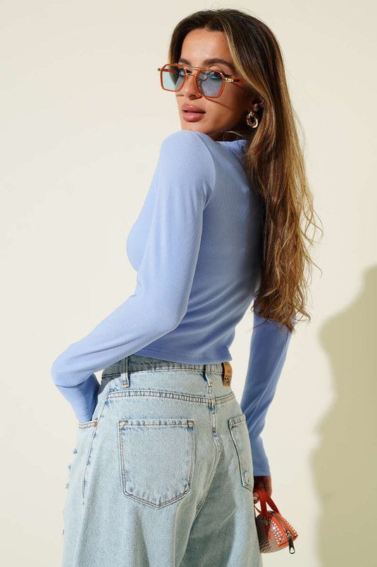 Bluse mit Schlitzkorsett und langen Ärmeln, blau