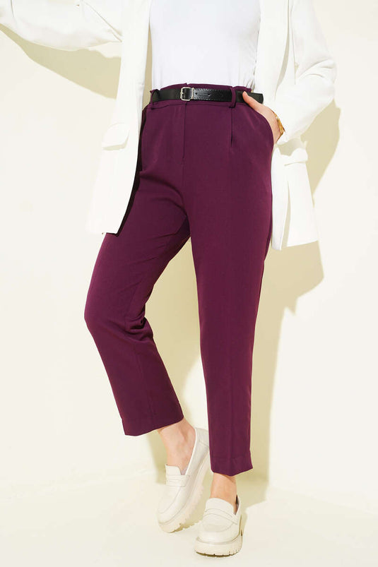 Yırtmaçlı Kemerli Pantolon Mor