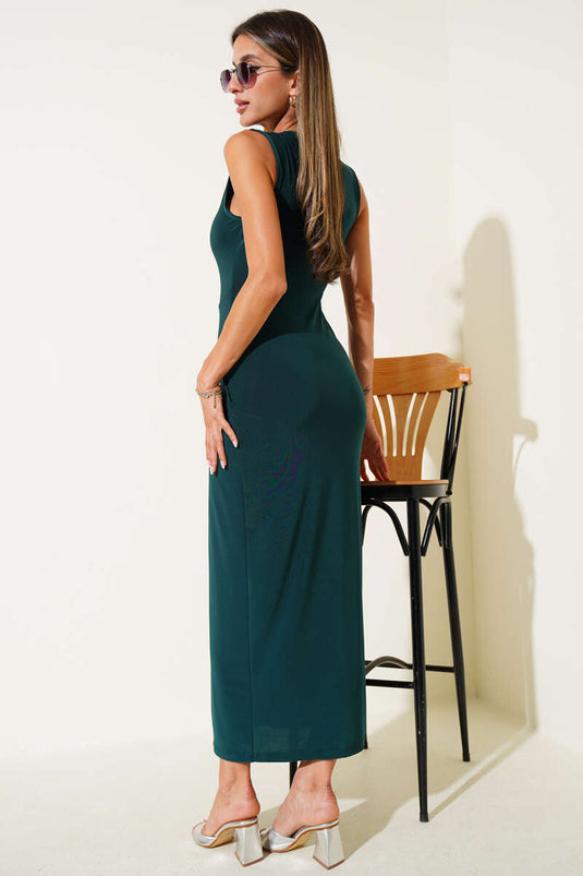 Yırtmaçlı Kolsuz Sandy Elbise Zümrüt Yeşili