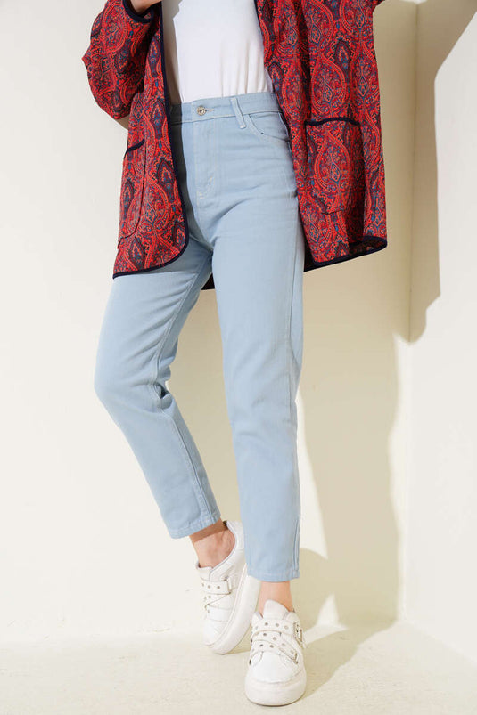 Yırtmaçlı Paça Jean Pantolon Açık Mavi Bej