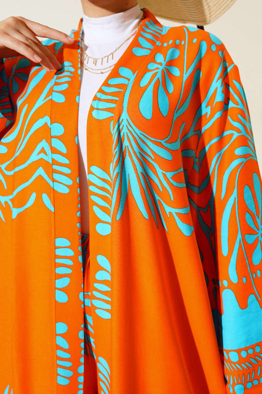 Etnik Desen Kimono İkili Takım Oranj