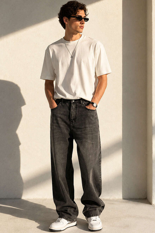 Jean baggy homme taille haute marron