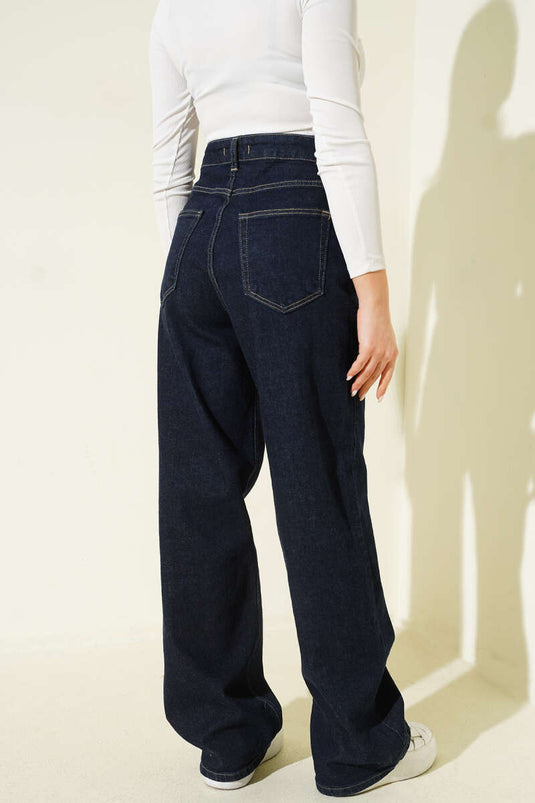بنطال واسع الخصر عالي الارتفاع باللون الأزرق الداكن