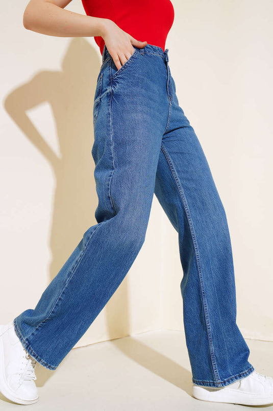 Yüksek Bel Baggy Pantolon Mavi