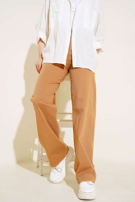 Pantalon Tube Taille Haute Camel