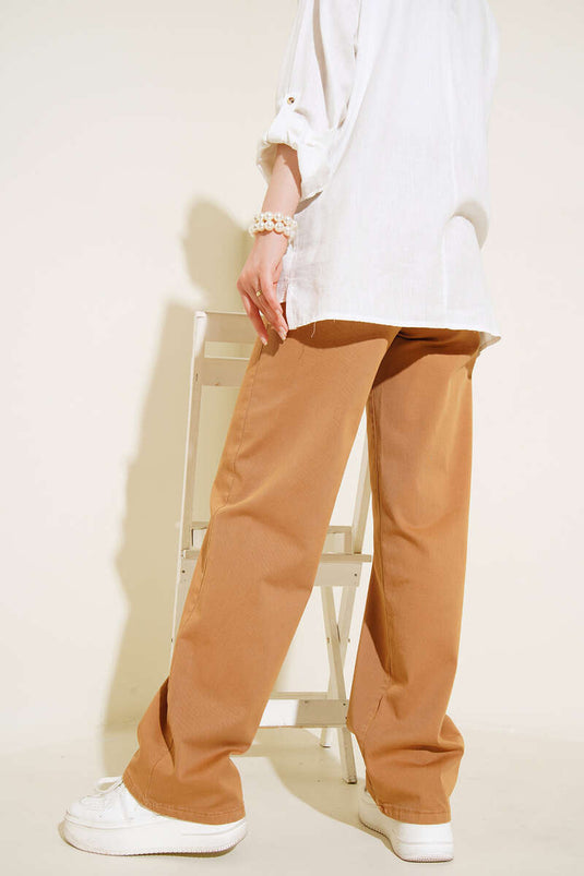 Pantalon Tube Taille Haute Camel