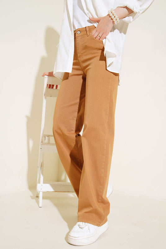 Pantalon Tube Taille Haute Camel