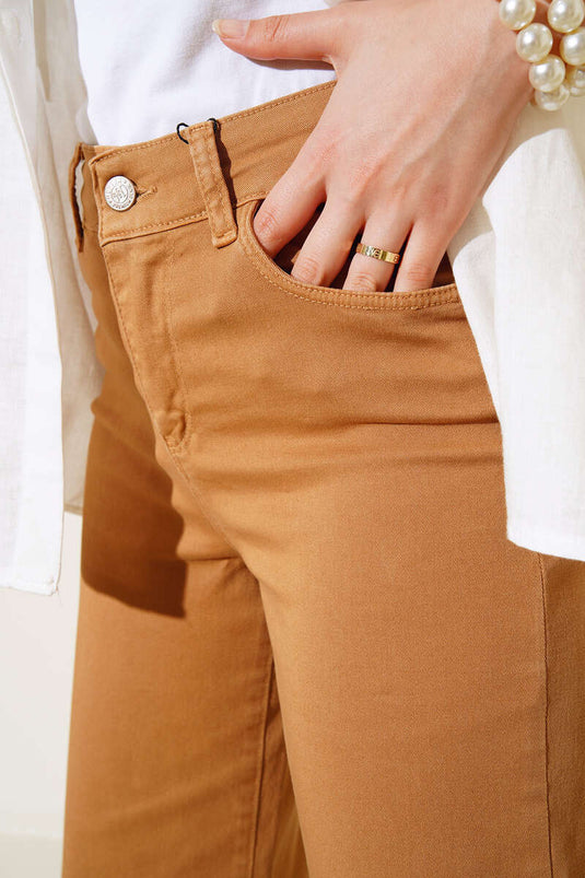 Pantalon Tube Taille Haute Camel