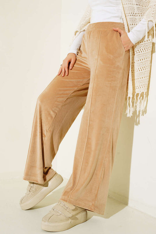 Pantalon Velours Rayé Taille Haute Camel