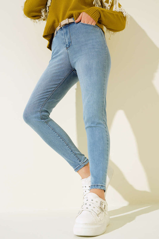 Yüksek Bel Dar Paça Jean Pantolon Açık Mavi