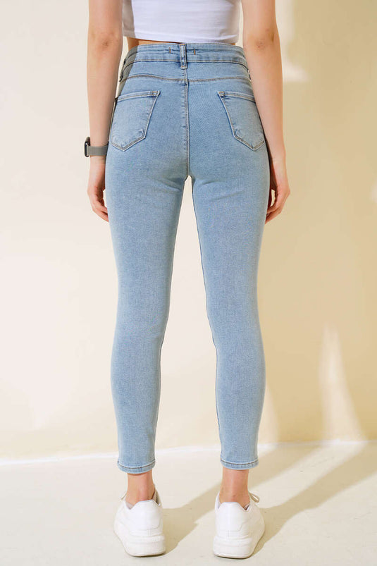 بنطلون دنيم ليزر بأرجل عالية وخصر نحيف باللون الأزرق الفاتح