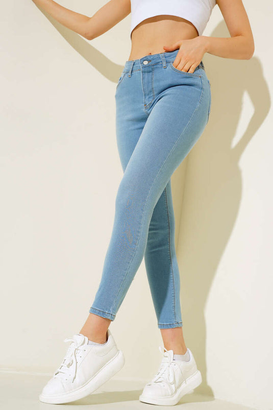 High Waist Skinny Leg Trousers Light Blue