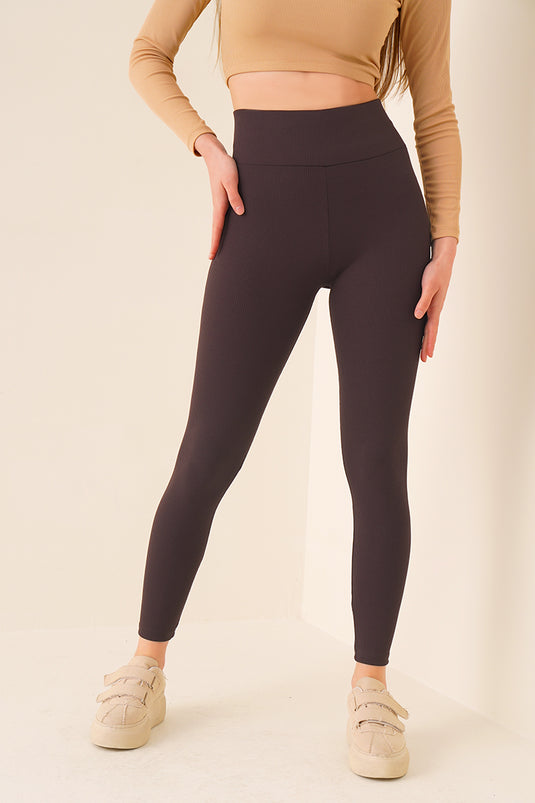 Legging taille haute en maille côtelée marron