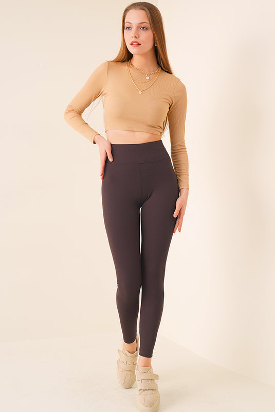 Legging taille haute en maille côtelée marron