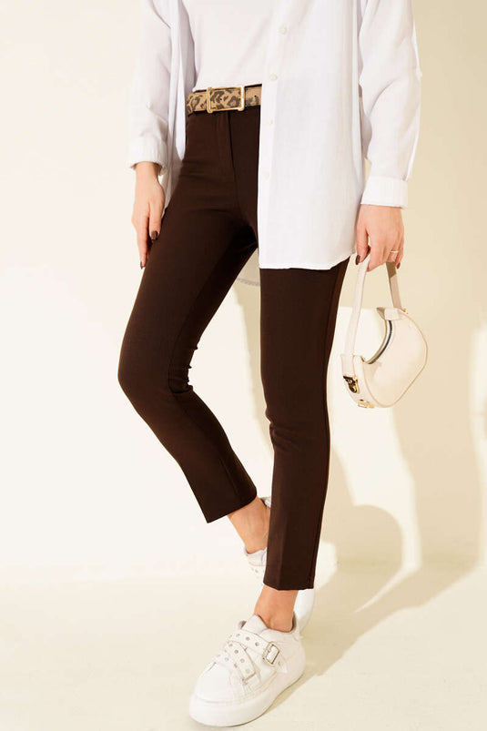 Yüksek Bel Kemerli Kahve Pantolon