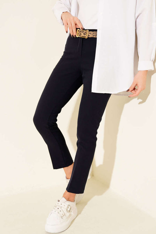 Yüksek Bel Kemerli Lacivert Pantolon