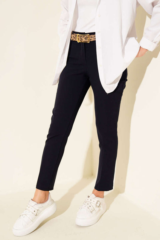 Yüksek Bel Kemerli Lacivert Pantolon
