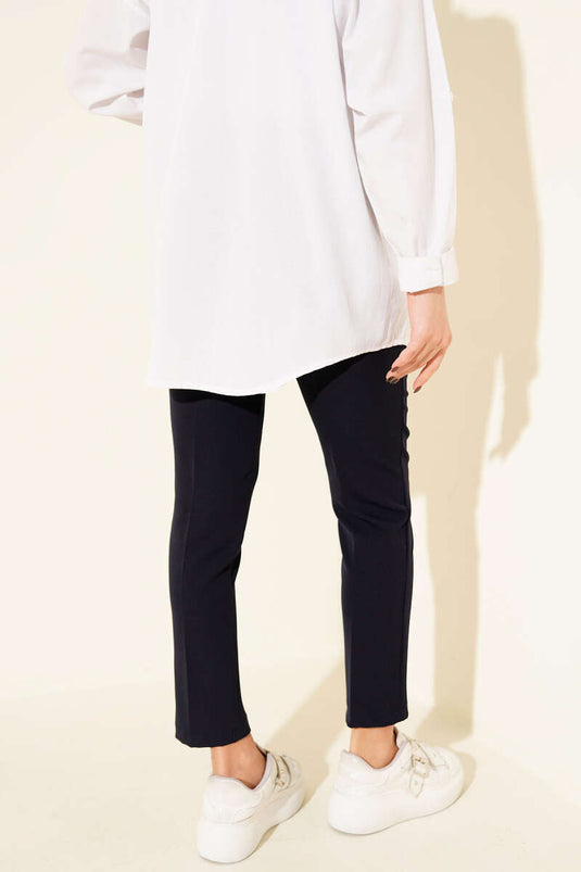 Yüksek Bel Kemerli Lacivert Pantolon