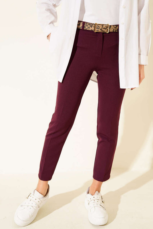 Yüksek Bel Kemerli Mor Pantolon