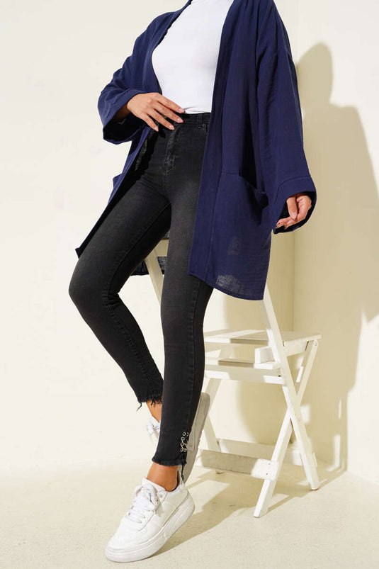 Yüksek Bel Paça Püsküllü Pantolon Siyah