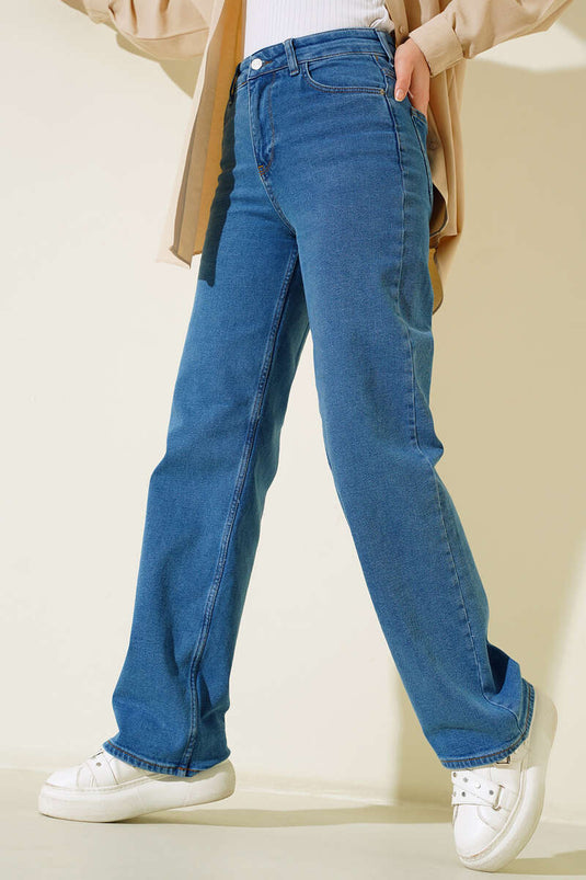 Pantalon Jeans Palazzo Taille Haute Bleu