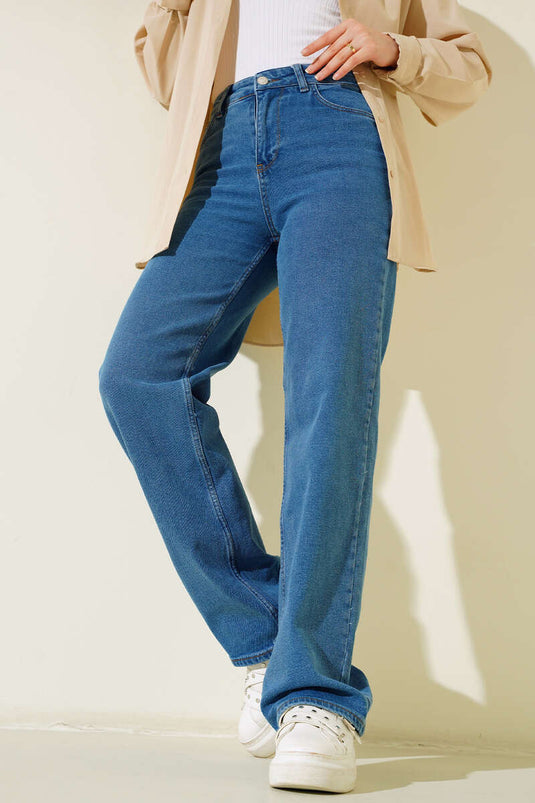 Pantalon Jeans Palazzo Taille Haute Bleu