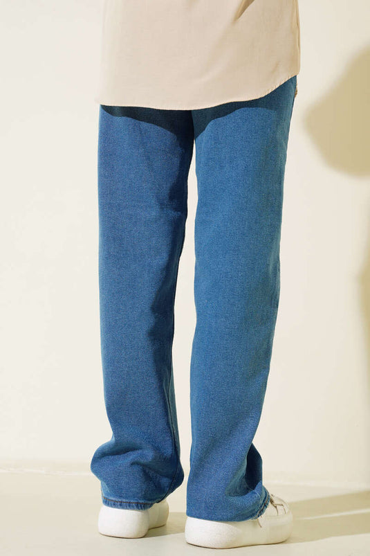 Pantalon Jeans Palazzo Taille Haute Bleu