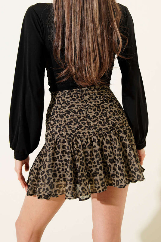 Yüksek Bel Şifon Etek Leopar