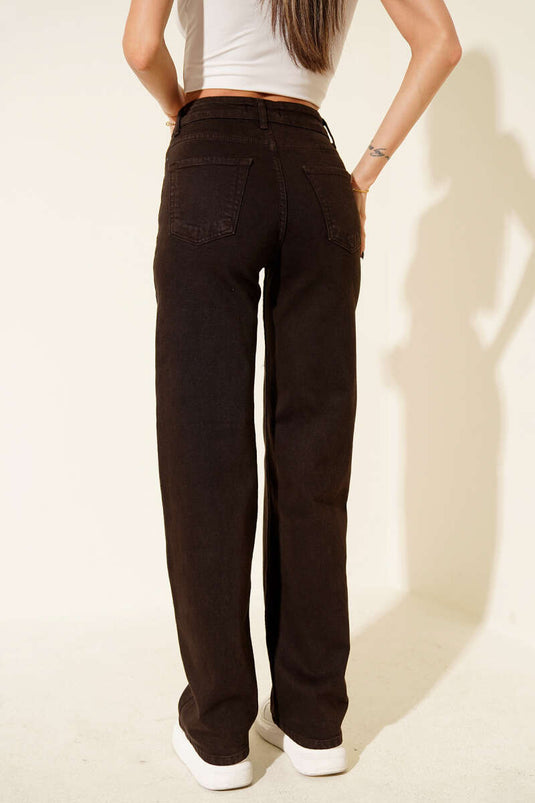 بنطلون جينز بالازو عالي الخصر، بني