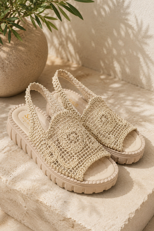 Sandales en paille à semelle haute beige