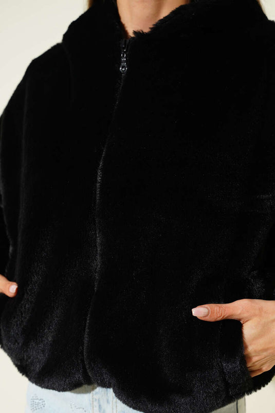 يوموش سترة محبوكة بغطاء رأس من الفرو الأسود