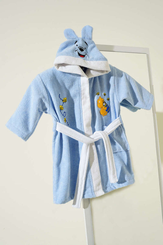 Peignoir enfant à capuche en tissu doux motif Winnie l'ourson bleu