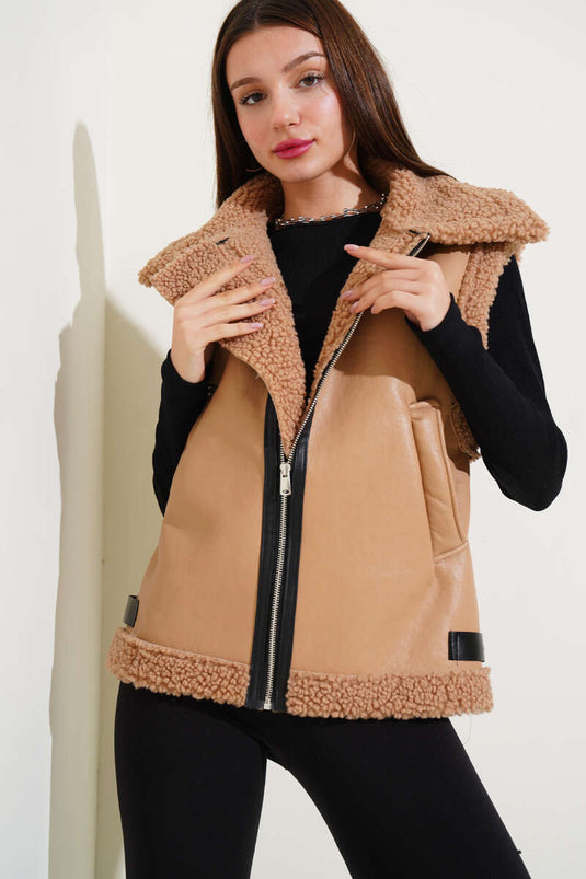 Wool Lined Leather Vest Latte