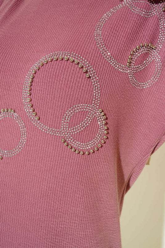 Ronde glanzende stenen tuniek Dusty Rose