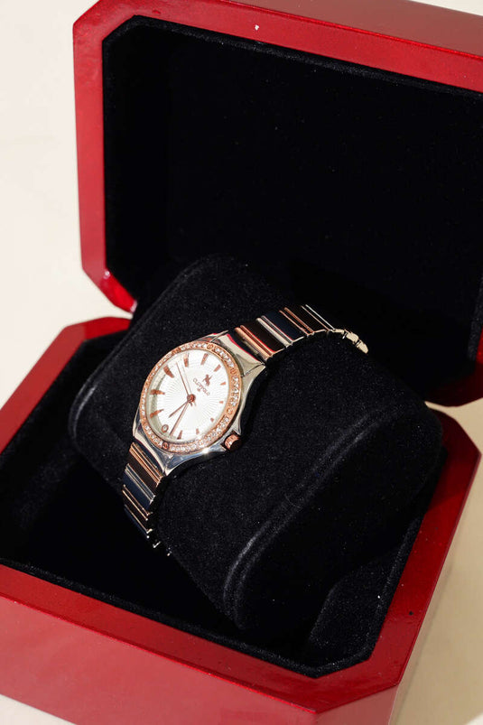 Montre-bracelet pour femme avec cadre en pierre ronde Rose