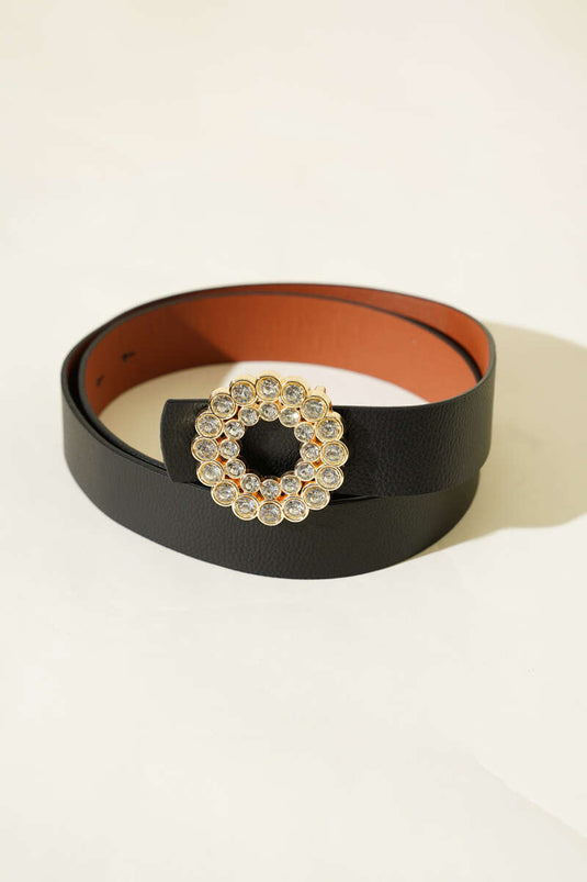 Ceinture épaisse avec boucle ronde en pierre, noire