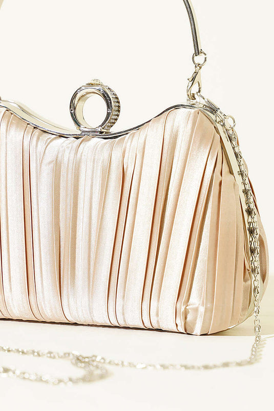 Sac de soirée plissé en satin avec anneau beige