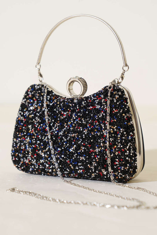 Abendtasche mit Steinbesatz und Ring, bunt