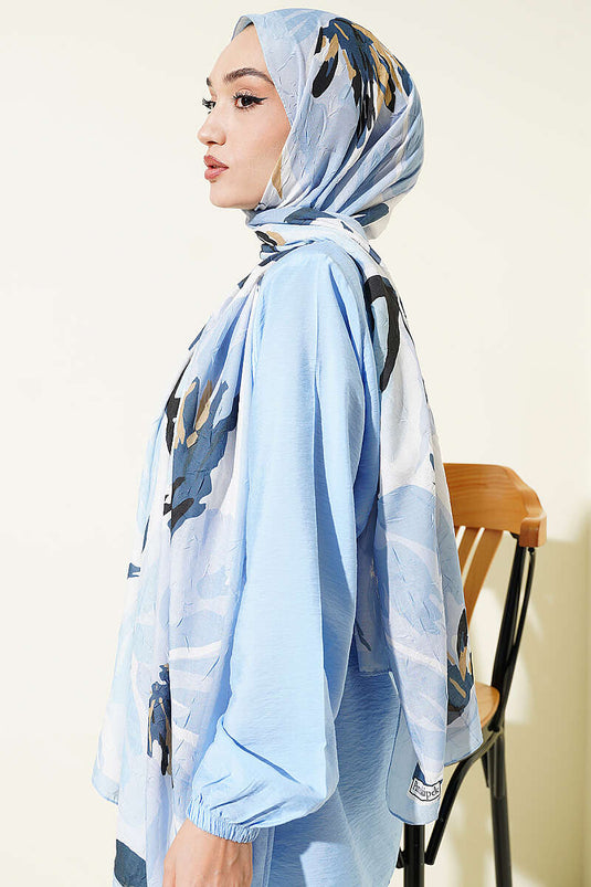 Zambak Çiçekli Bambu Kraş Şal Bebe Mavi