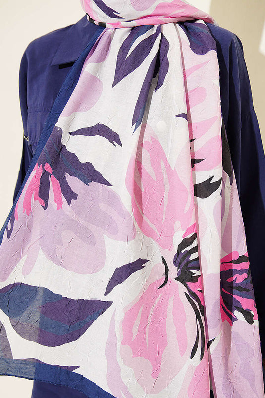 Zambak Floral Bamboo Crinkle Shawl Navy