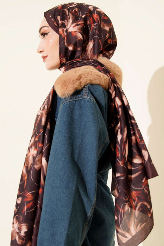 Châle doux à motif Zambak couleur café amer
