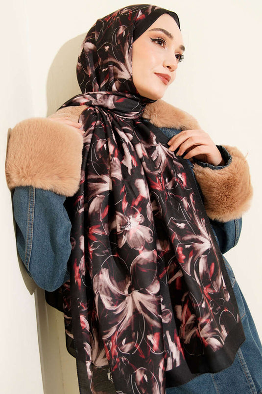 Zambak motif doux châle noir vison