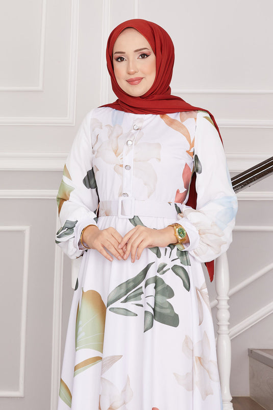 Robe Hijab à Motifs Lily Blanche