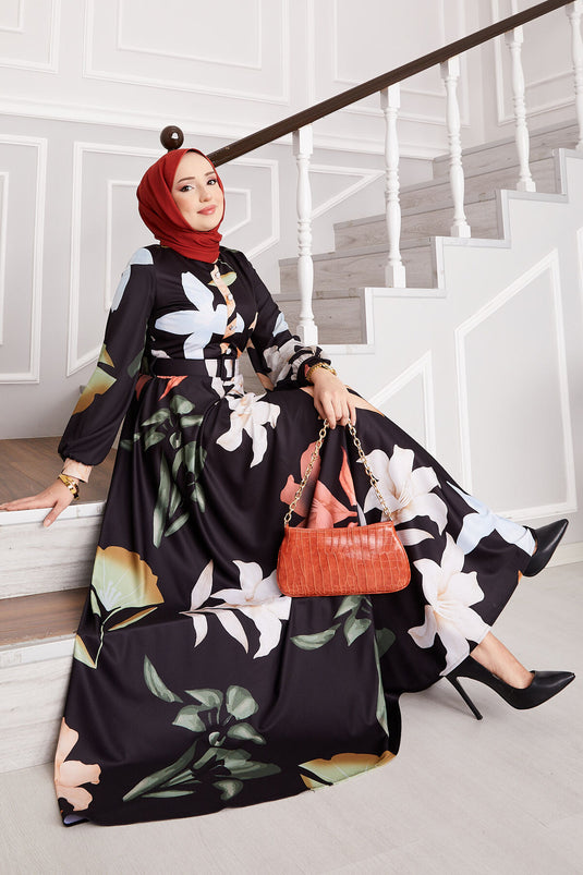 Lily gemustertes Hijab-Kleid Schwarz