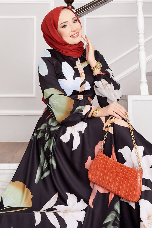 Lily gemustertes Hijab-Kleid Schwarz